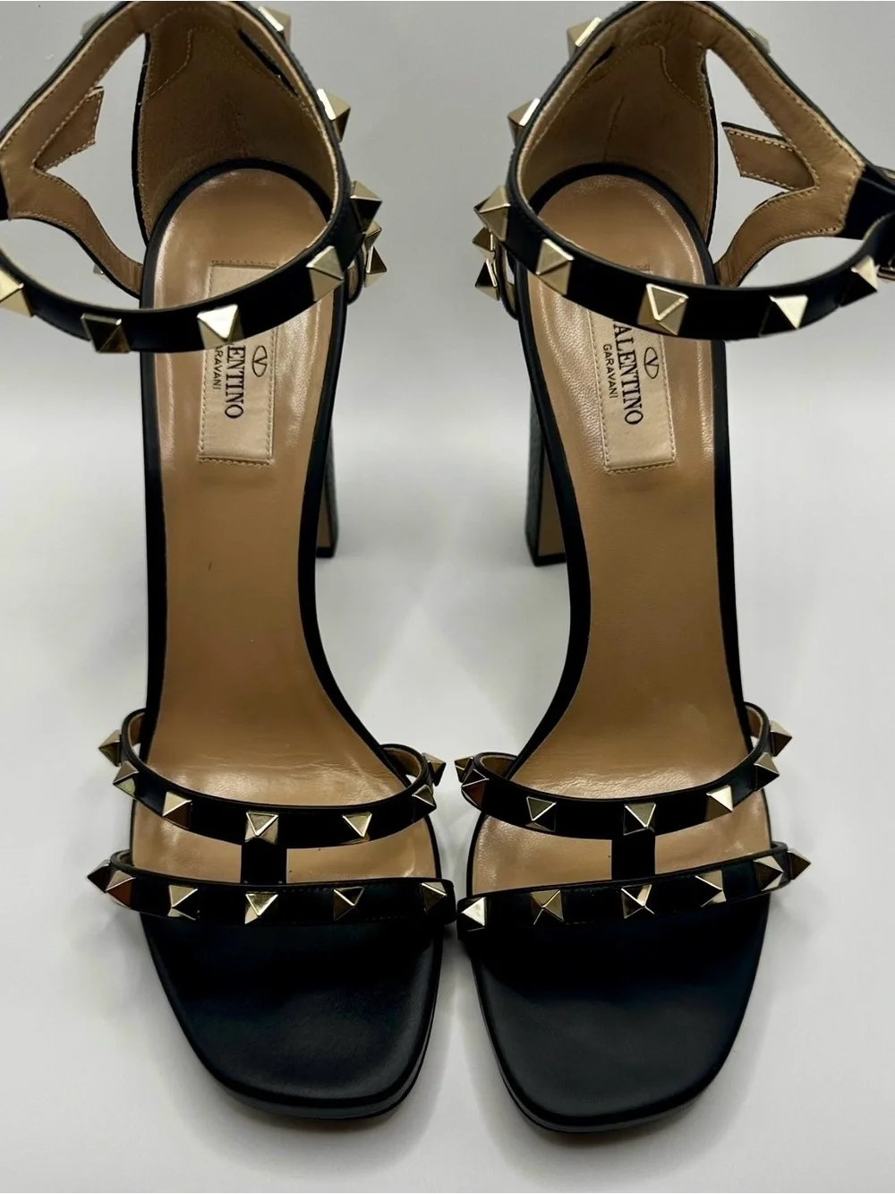 Valentino Black Leather Platform Sandals with Gold Stud Accents